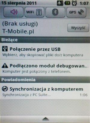 Zrzut 1. LG GT540 – ekran powiadomień
