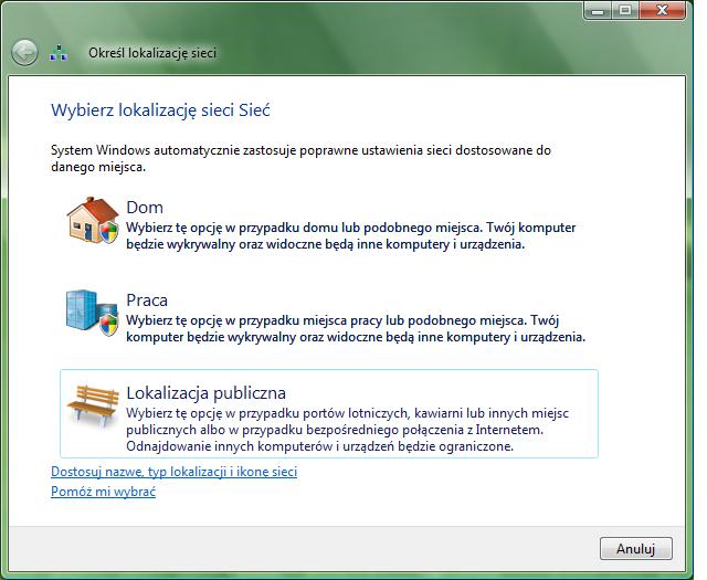 Określ lokalizację sieci (Windows Vista)