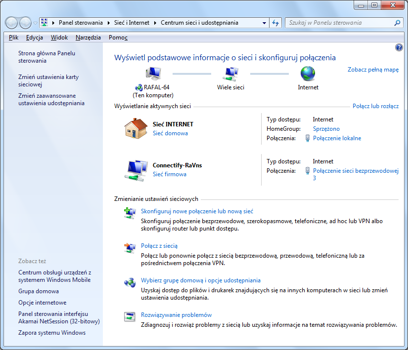 Centrum sieci i udostępniania Windows 7 - zmiana typu sieci