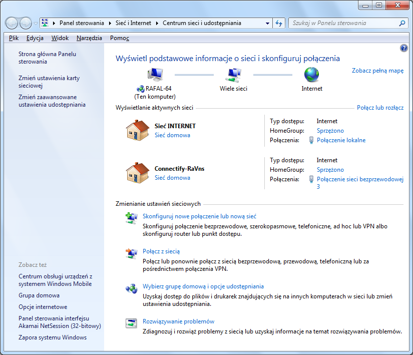 Centrum sieci i udostępniania Windows 7 - lokalizacja sieci domowej z Internetem dla Connectify-RaVns